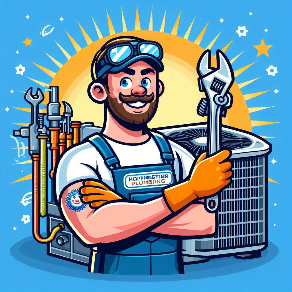 Cartoon illustration of a cheerful Hofmeister Plumbing technician with a wrench, standing confidently by an air conditioning unit, representing reliable AC services in Bergen County.