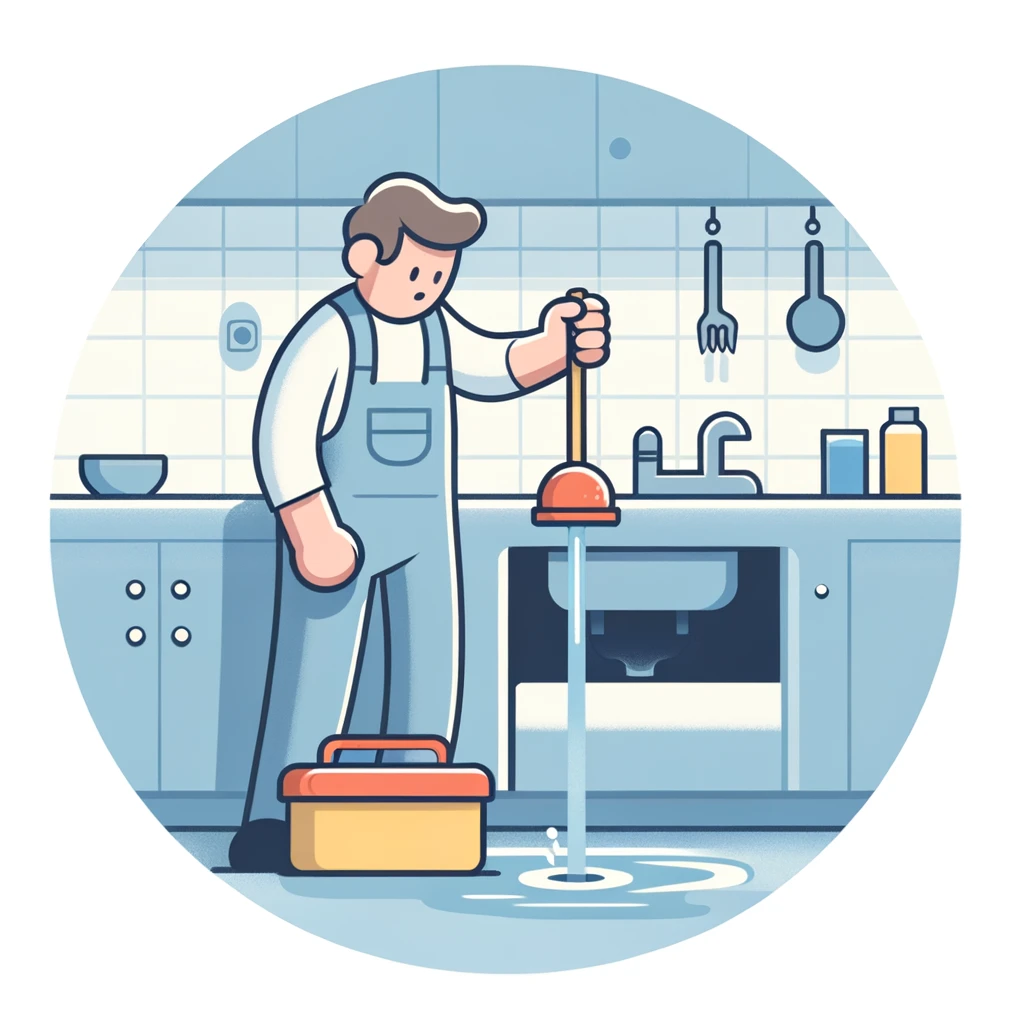 Simple illustration of a plumber using a plunger to fix a clogged sink in a clean and organized residential kitchen, with water visibly backed up in the sink.