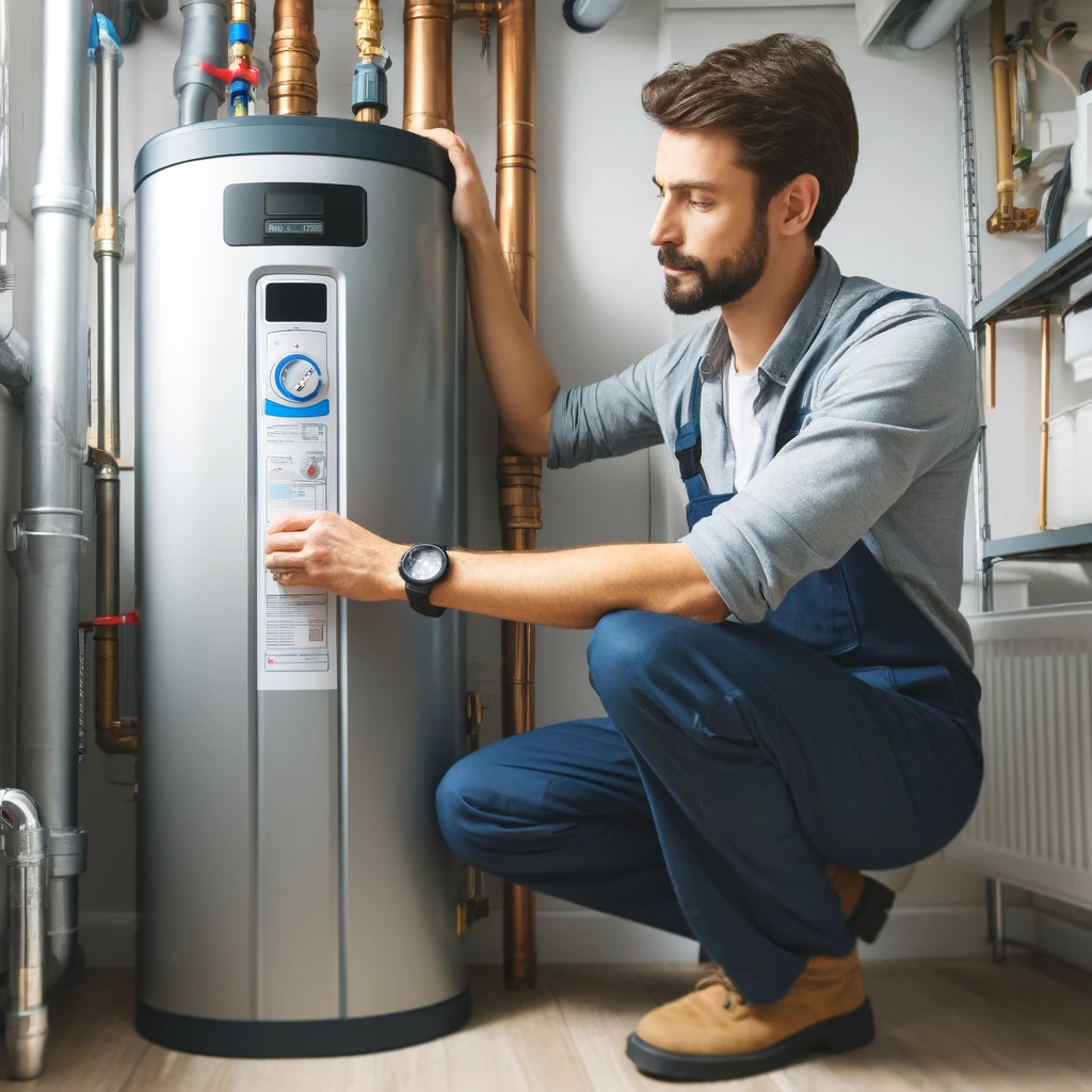 Professional plumber performing maintenance on a heat pump water heater in a clean and organized utility room, checking connections and ensuring proper functionality.
