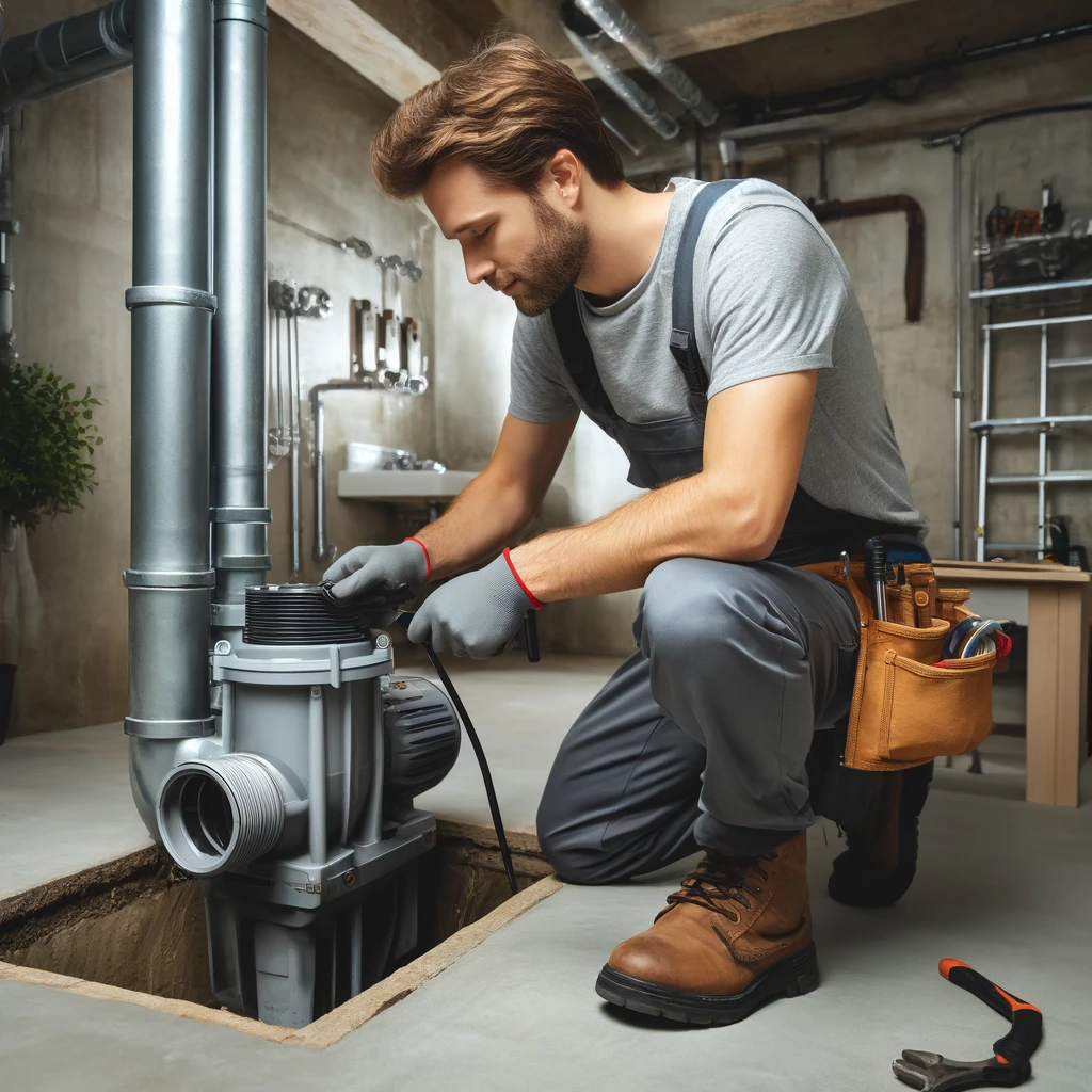 Professional plumber installing a sewage ejector pump in a residential basement. The plumber is wearing work gloves and using tools to secure the pump. The basement has concrete floors and walls, with visible pipes and plumbing equipment. The atmosphere is clean and well-lit, showcasing the setup process to ensure efficient sewage removal from a lower-level bathroom.